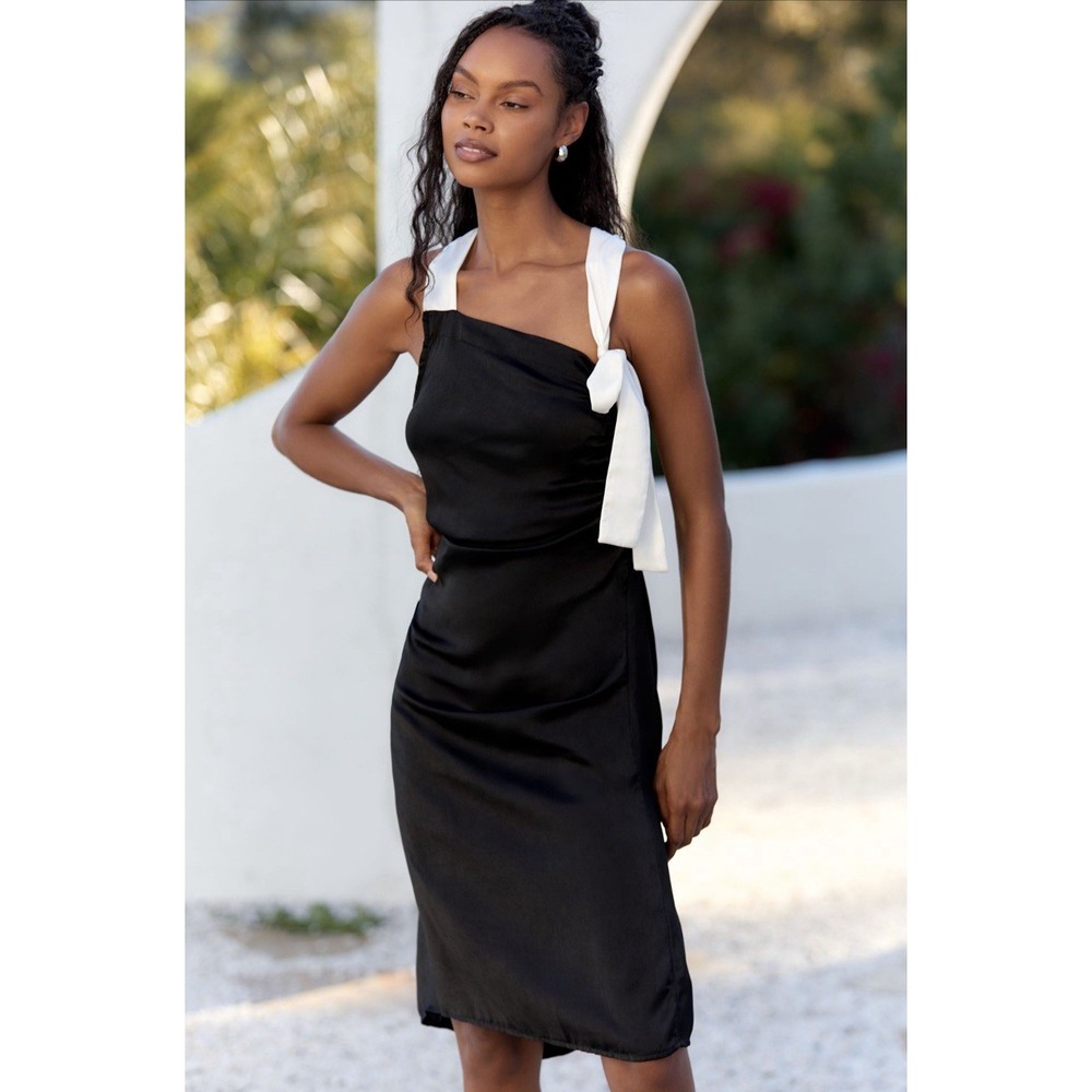 NWT Anthropologie Celandine Halter Midi Dress LARGE Black Onix Satin Bow‎ T Back